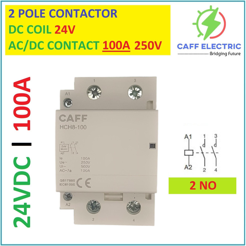 CAFF DIN RAIL DC CONTACTOR 2P COIL 24VDC CONTACT DC/AC 250V 100A 2-NO